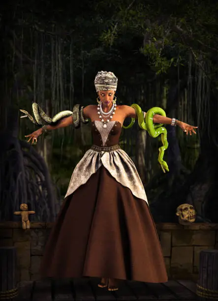 Beautiful Voodoo Queen with a snakes, performing a magical ritual in a swamp area, 3d render.