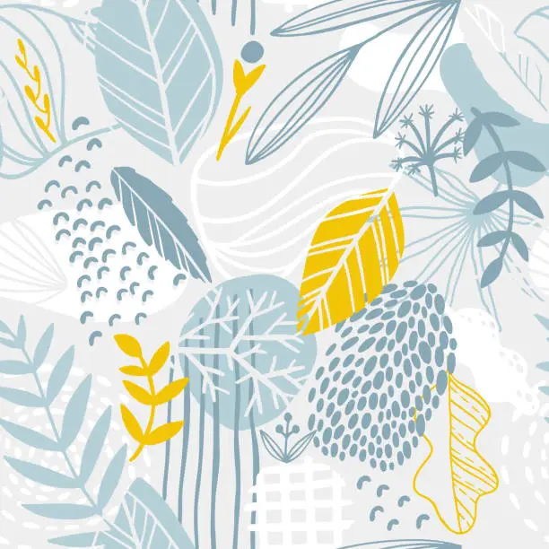 Vector illustration of Floral seamless pattern. Abstract tile in hand-drawn simple doodle cartoon style. Scandinavian vector illustration in blue yellow pastel palette