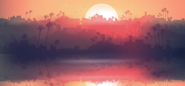 istock Minimal tropical city skyline near sea with palm tree at sunset 1208324943