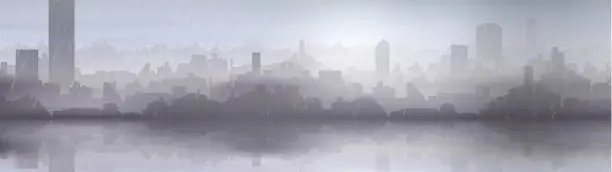 Vector illustration of Rainy cityscape near a coast