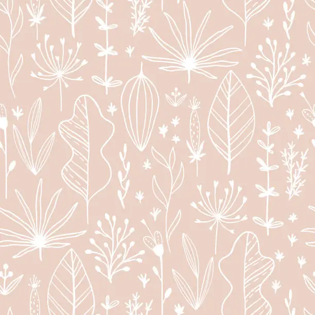 Vector illustration of Floral seamless pattern with leaves and herbs. Hand drawn sketch line illustration in simple scandinavian style in limited pastel color. Ideal for printing onto fabric, textile, packaging, wallpaper