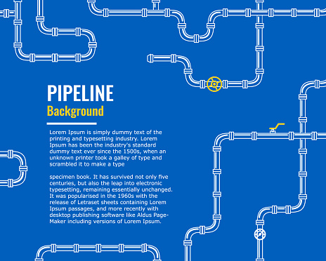 Horizontal Blue Industrial background with white pipes for water, gas, oil, sewage. Infographics for flyers or brochure. Vector illustration in a flat style. thin line.