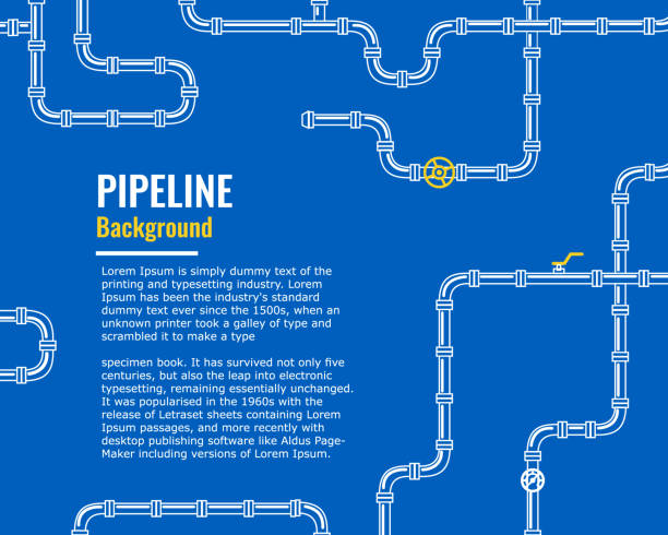 Blue Industrial background with white pipes for water, gas, oil, Horizontal Blue Industrial background with white pipes for water, gas, oil, sewage. Infographics for flyers or brochure. Vector illustration in a flat style. thin line. pipe tube stock illustrations