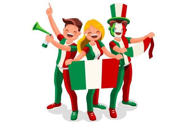 Italians with Italy Flag Symbol Crowd of persons celebrate national day of Italia with a flag. Italian people celebrating a football team. Soccer symbol and victory celebration. Sports cartoon symbolic flat vector illustration men watching soccer game stock illustrations