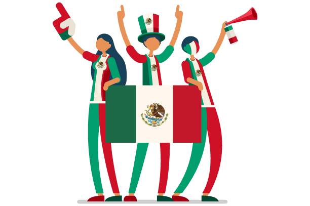 Mexican Flag Mexico People Crowd of persons celebrate national day of Mexico with a flag. Mexican people celebrating a football team. Soccer symbol and victory celebration. Sports cartoon symbolic flat vector illustration men watching soccer game stock illustrations