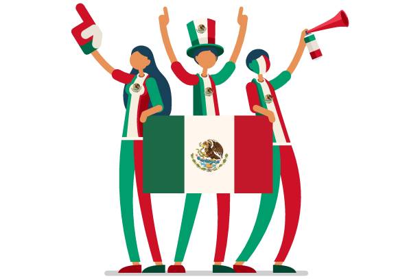 Mexican Flag Mexico People Crowd of persons celebrate national day of Mexico with a flag. Mexican people celebrating a football team. Soccer symbol and victory celebration. Sports cartoon symbolic flat vector illustration mexico people stock illustrations