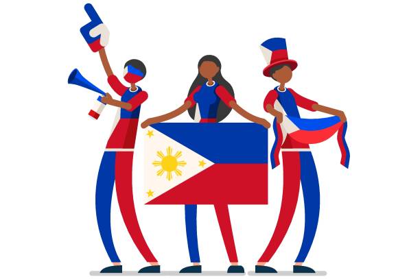 Philippine with Philippines Flag Symbol Crowd of persons celebrate national day of Philippines with a flag. Philippine people celebrating a football team. Soccer symbol and victory celebration. Sports cartoon symbolic flat vector filipino ethnicity stock illustrations