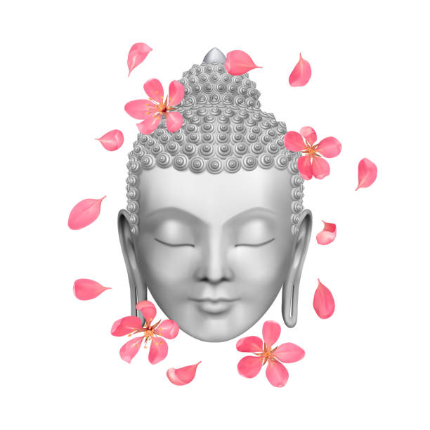 Buddha face with pink cherry flowers print Buddha face with pink cherry flowers print. Esoteric vector illustration with Buddhism symbol, spiritual art, tattoo. buddha face stock illustrations