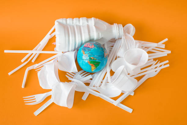World Metaphor On Plastic Waste, Sustainability Concept World Globe On Plastic Waste disposable photos stock pictures, royalty-free photos & images