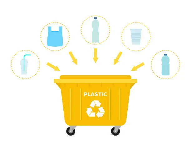 Vector illustration of Yellow trash dumpster and plastic waste suitable for recycling.