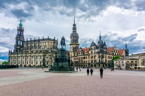 Dresden Cathedral and King Johann Statue on Theaterplatz square, Dresden, Germany