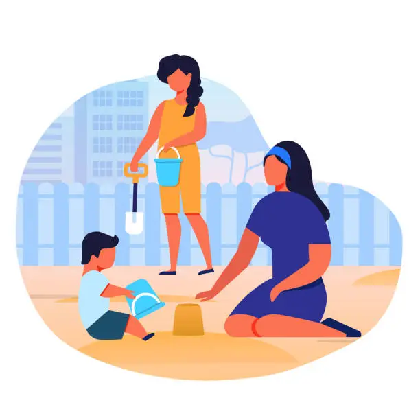 Vector illustration of Mom Plays with Kids in Sandbox Flat Illustration