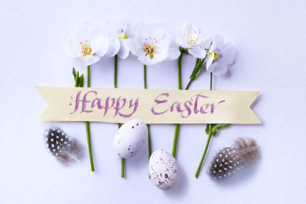 istock Happy Easter Day card; Decorated  Easter Eggs and Spring Flowers  on White Background; Holiday banner design; 1208329528