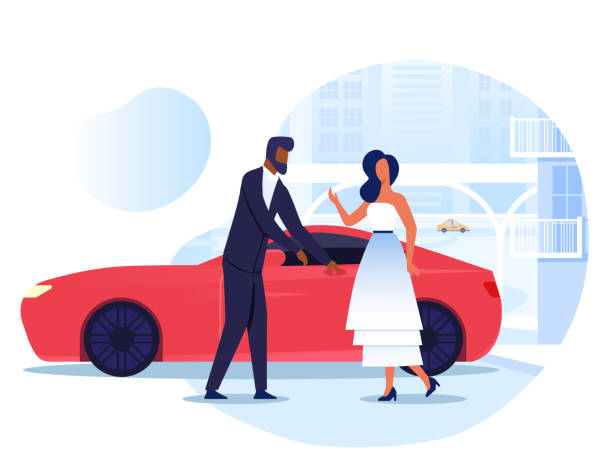 Lady with Personal Driver Flat Vector Illustration Lady with Personal Driver Flat Vector Illustration. VIP, Celebrity and Chauffeur Cartoon Characters. Gentleman Opens Car Door, Young Couple on Romantic Date. Luxury Lifestyle, Transport Delivery guy open car door stock illustrations