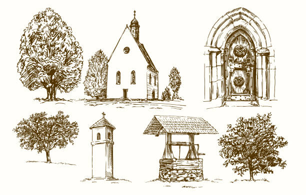illustrazioni stock, clip art, cartoni animati e icone di tendenza di chiesa rurale di campagna. set disegnato a mano. - calvario gerusalemme illustrazioni