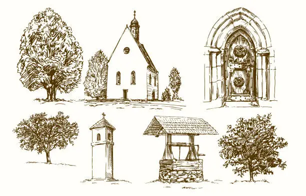 Vector illustration of Rural country church. Hand drawn set.
