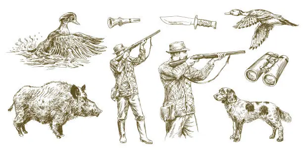Vector illustration of Hunter shoots a gun, duck hunting with dog. Hand drawn vector illustration.