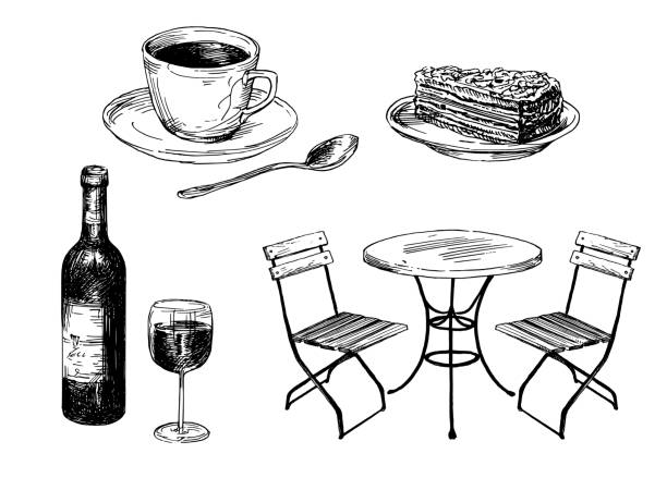 illustrazioni stock, clip art, cartoni animati e icone di tendenza di mobili da caffè vecchio stile, caffè e torta. - cafe restaurant chair bar