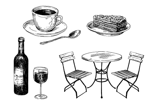 Old fashioned cafe furniture, coffee and cake.