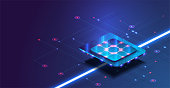 Futuristic microchip processor with lights on the blue background. Quantum computer, large data processing, database concept. CPU isometric banner. Central