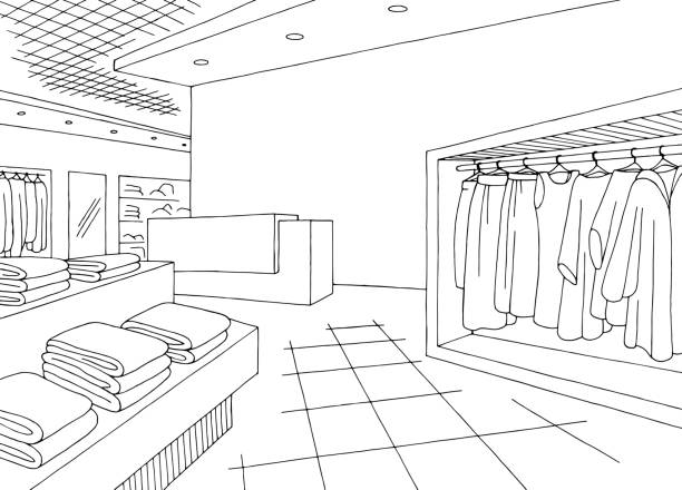ilustrações de stock, clip art, desenhos animados e ícones de shop store interior graphic black white sketch illustration vector - boutique fashion indoors shopping