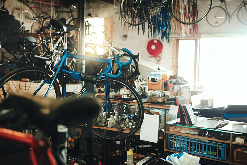 Shot of a bicycles and equipment in a workshop