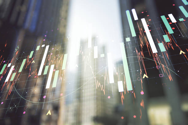 istock Multi exposure of abstract financial graph on office buildings background, forex and investment concept 1208332589