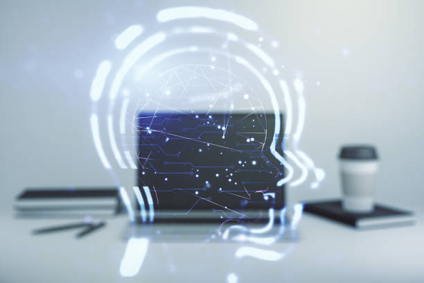 istock Creative artificial Intelligence concept with human head hologram on modern laptop background. Multiexposure 1208333537