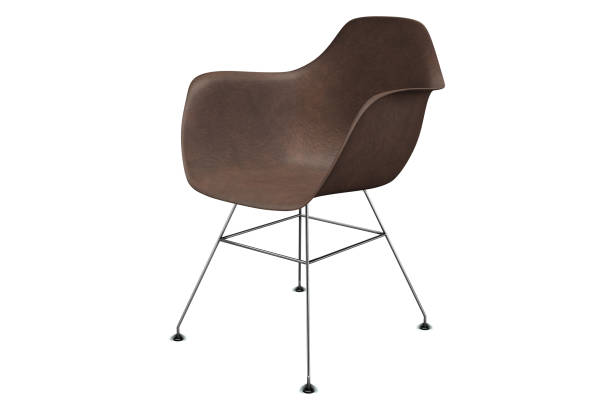 Elegant modern armchair with a leather seat and metal chair legs. Useful in living room and kitchen.
