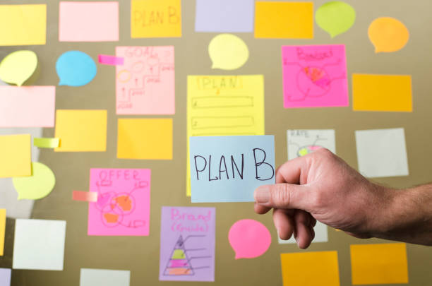 istock Concept of making plan B during business planning if preferred method fails.Man holding card with word Plan B against sticky notes 1208333674