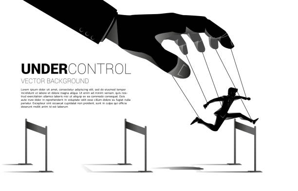 ilustrações de stock, clip art, desenhos animados e ícones de puppet master controlling silhouette of businessman run and jumping across hurdles obstacle. - hurdling hurdle vector silhouette