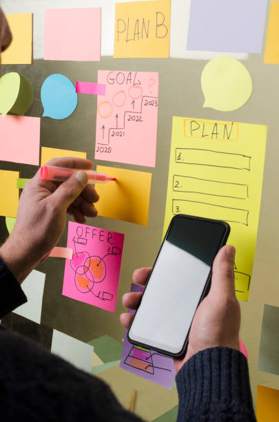 Vertical image.Businessman holding smartphone and making notes on the sticky papers, mind map.Concept of planning and doing startup