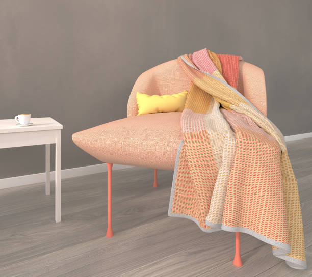 istock 3D render of a modern designer chair colored pink-orange, with grey hand-painted wall. 1208334510