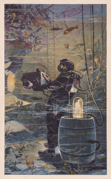 Diver photographs the seabed under water, Colour woodcut, published 1895 A diver photographs the seabed under water. Colour wood engraving after a drawing, published in 1895. underwater exploration stock illustrations