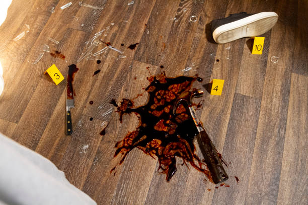 Homicide CSI Crime Scene Photography - Bloodied Weapons Forensic markers and bloodied weapons in a simulated murder/homicide crime scene with broken glass. Hard flash illumination adds to genuine atmosphere. killing photos stock pictures, royalty-free photos & images
