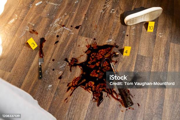 Homicide Csi Crime Scene Photography Bloodied Weapons Stock Photo - Download Image Now