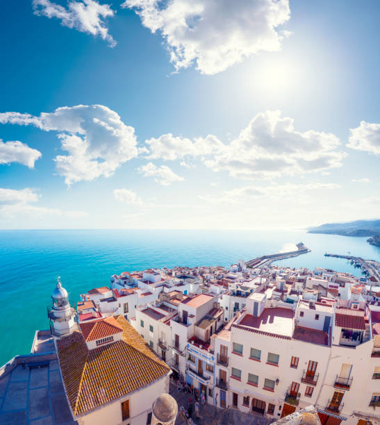 Peniscola Peñiscola Lighthouse beach and village panoramic in Castellon of Spain