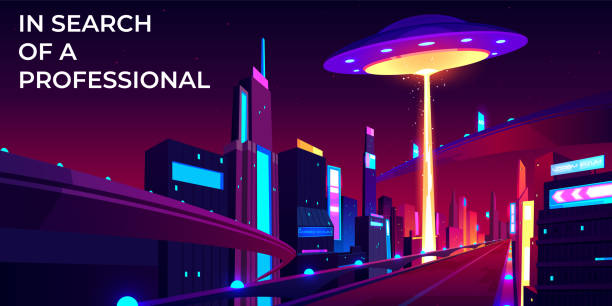 istock Ufo hiring at night city, search professional 1208338912