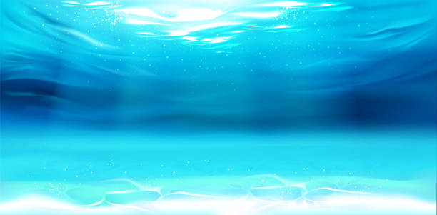 Underwater background, water surface, ocean, sea Underwater background, water surface, ocean, sea, swimming pool transparent aqua texture with waves, ripples and sun rays falling to bottom, template for advertising. Realistic 3d vector illustration underwater stock illustrations