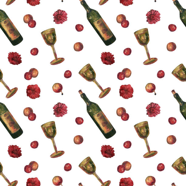 muster mit einer flasche wein, einem glas, äpfeln und blumen. farbiges set in öl lackiert. zinnia blume. textilien, tapeten, packpapier. farbe.  ein festliches trinkmuster. - alcohol alcoholism anniversary apple stock-grafiken, -clipart, -cartoons und -symbole