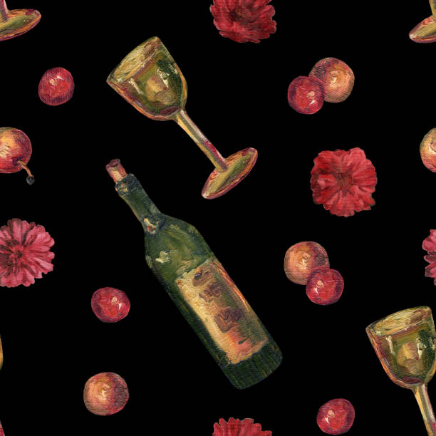 muster mit einer flasche wein, einem glas, äpfeln und blumen. farbiges set in öl lackiert. zinnia blume. textilien, tapeten, packpapier. farbe.  ein festliches trinkmuster. - alcohol alcoholism anniversary apple stock-grafiken, -clipart, -cartoons und -symbole