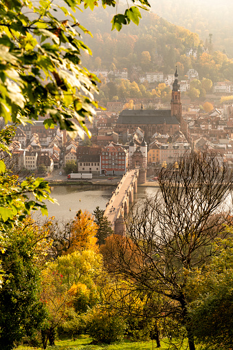 Heidelberg in the German state of Baden-Württemberg, on the river Neckar in south-west Germany during a beautiful autumn day. The Heidelberg Castle on the hill can be seen in the background and the Old Bridge over the river Neckar in the foreground.