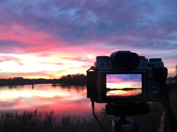 Photographing the sunset at the river IJssel during springtime with a camera mounted on a tripod.
