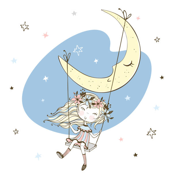 istock Cute little girl swinging on a swing on the moon. Vector 1208340518