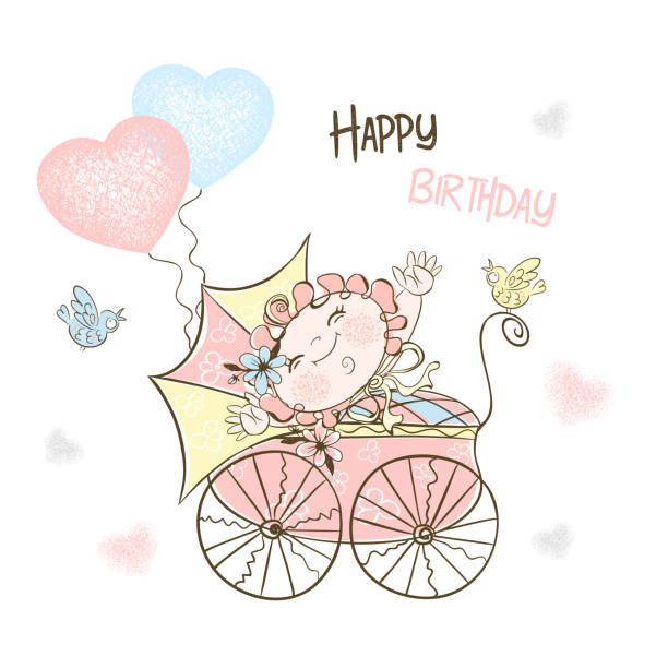istock Postcard for the birth of a girl with a stroller and balloons. Vector 1208340604