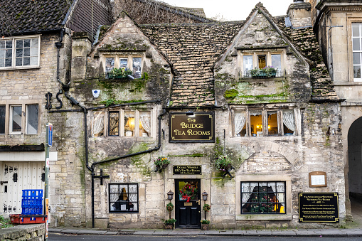 Bradford on Avon, United Kingdom - January 3, 2020: Outside view of The Bridge Tea Room at Bradford on Avon, Wiltshire, UK