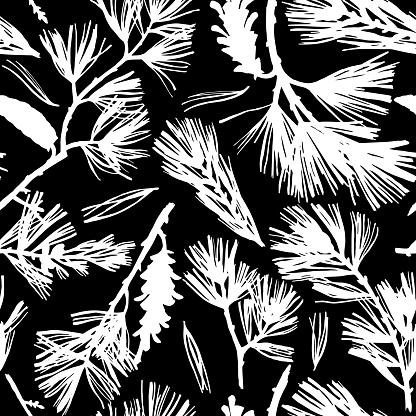 Floral seamless pattern. Silhouettes of spruce branches and pine cones. Tree elements in vintage style. Flat botanical background. Textile and fabric design.