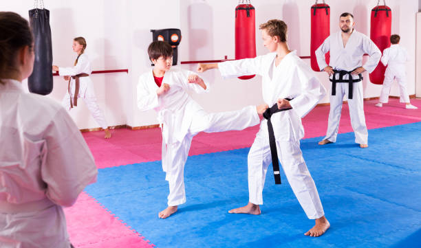 istock Children working in pair mastering new karate moves 1208343197