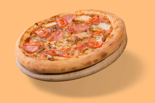 istock italian pizza with bacon, on a board, levitate, cast a shadow, concept, in pastel colors 1208343419