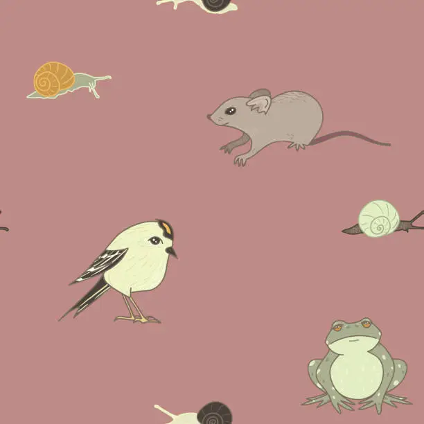 Vector illustration of Vector Garden Residents on Dusty Pink seamless pattern background.
